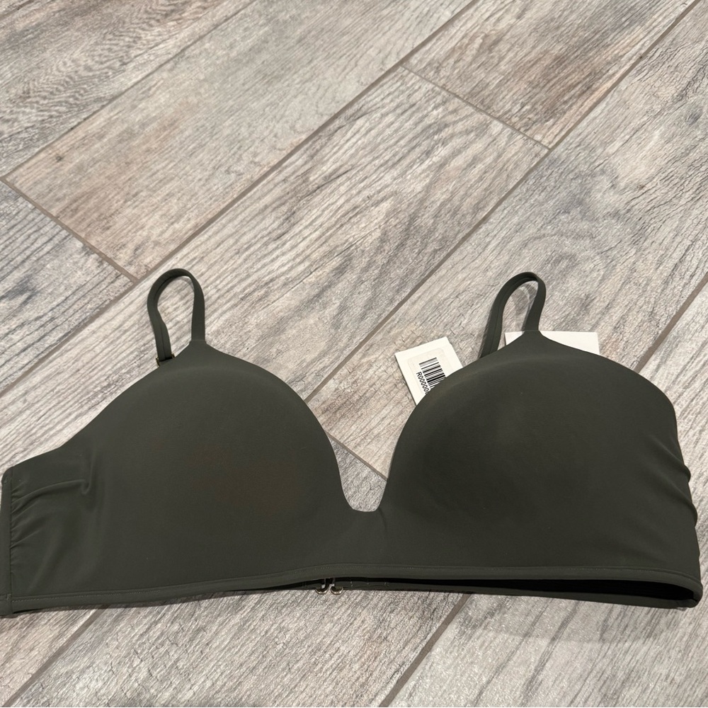 Tory Burch Army Green Wireless Bikini Top. Seamless Comfort. Stain on the left